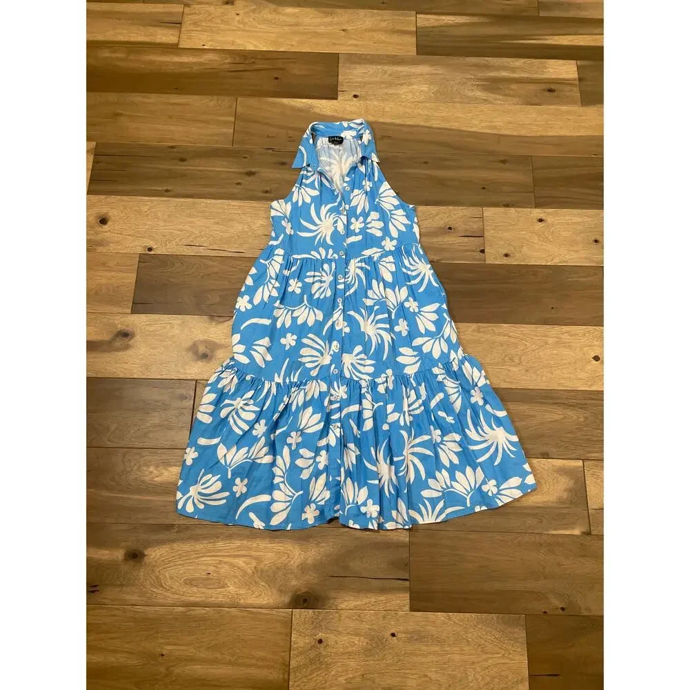 Nicole Miller Linen‑Blend Blue Floral Button‑Front Dress Size XS Loose Fit